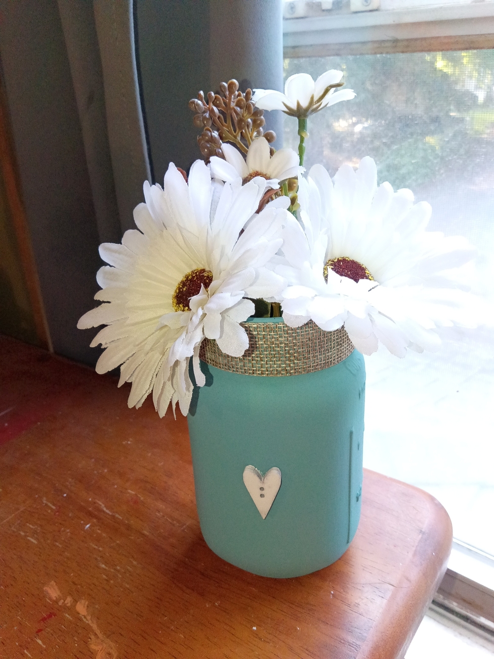 Hand-Painted Teal Mason Jar Vase with White Daisy Accent